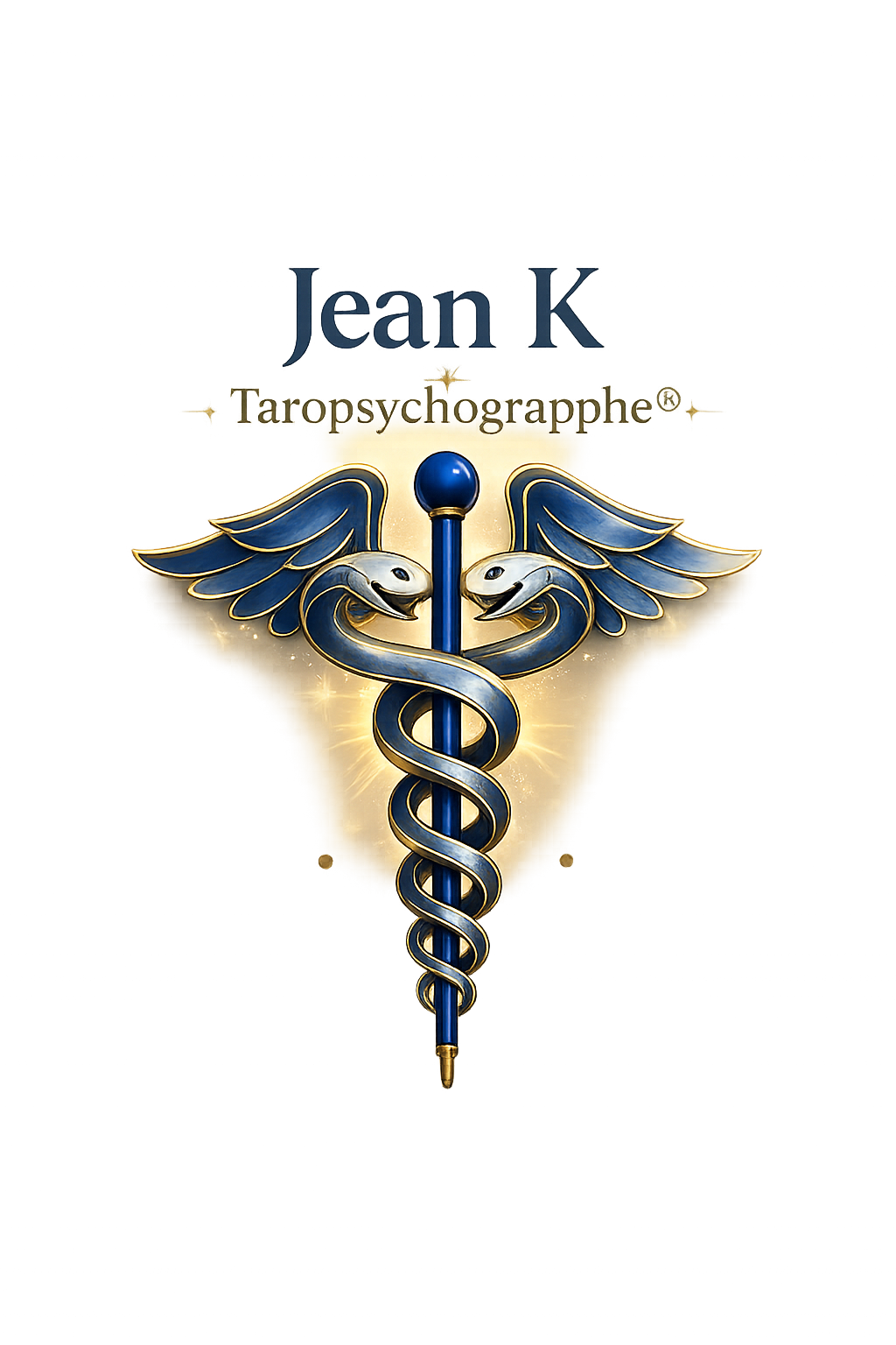 Logo de Jean K – Taropsychographe®, représentant un caducée bleu et or, symbole d'accompagnement, de connaissance de soi et de transformation intérieure.