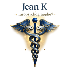 Logo de Jean K – Taropsychographe®, représentant un caducée bleu et or, symbole d'accompagnement, de connaissance de soi et de transformation intérieure.